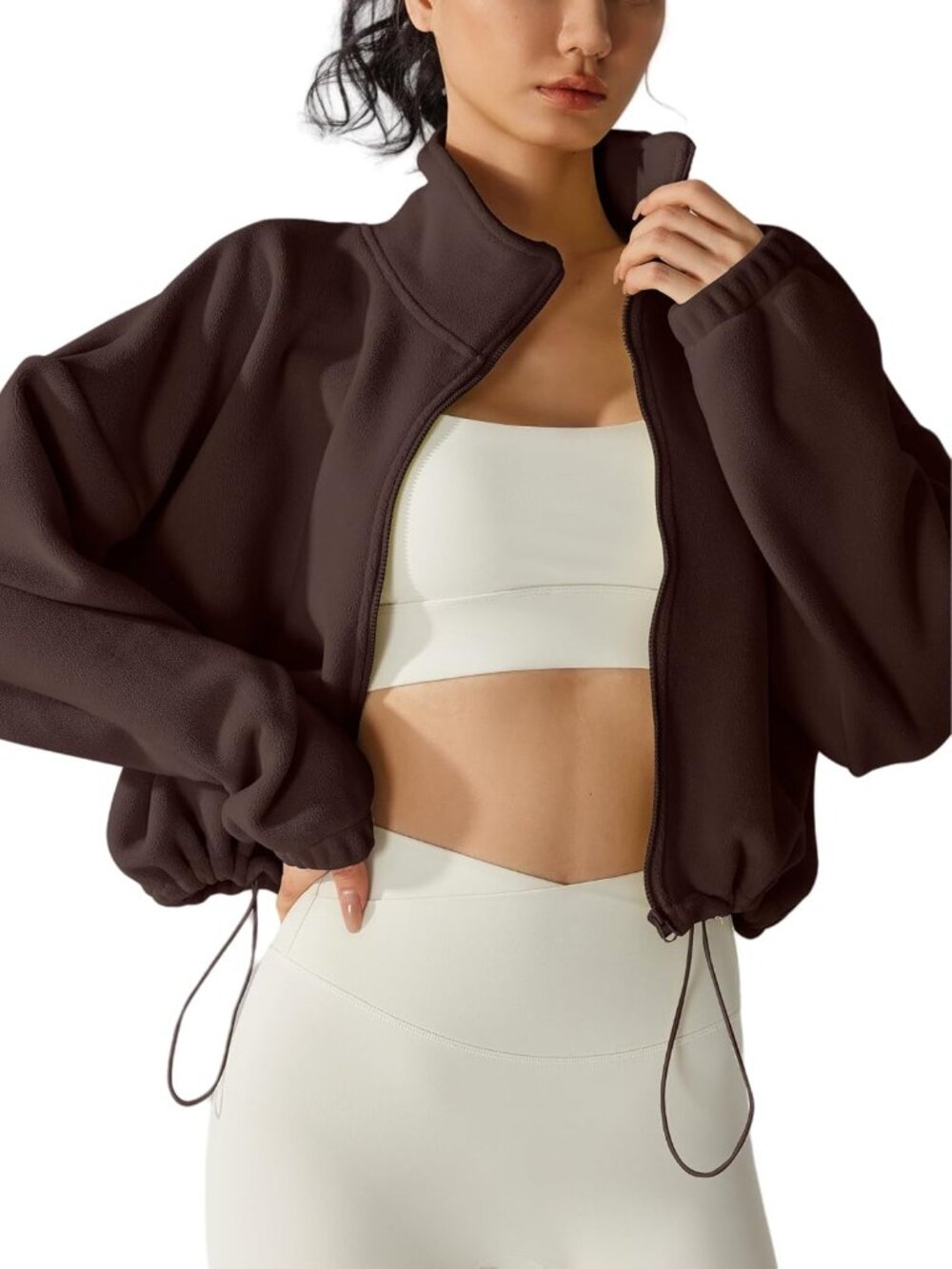 Women Coffee Oversized Drop Shoulders Full-zip Long Sleeve Cropped Fleece Jacket